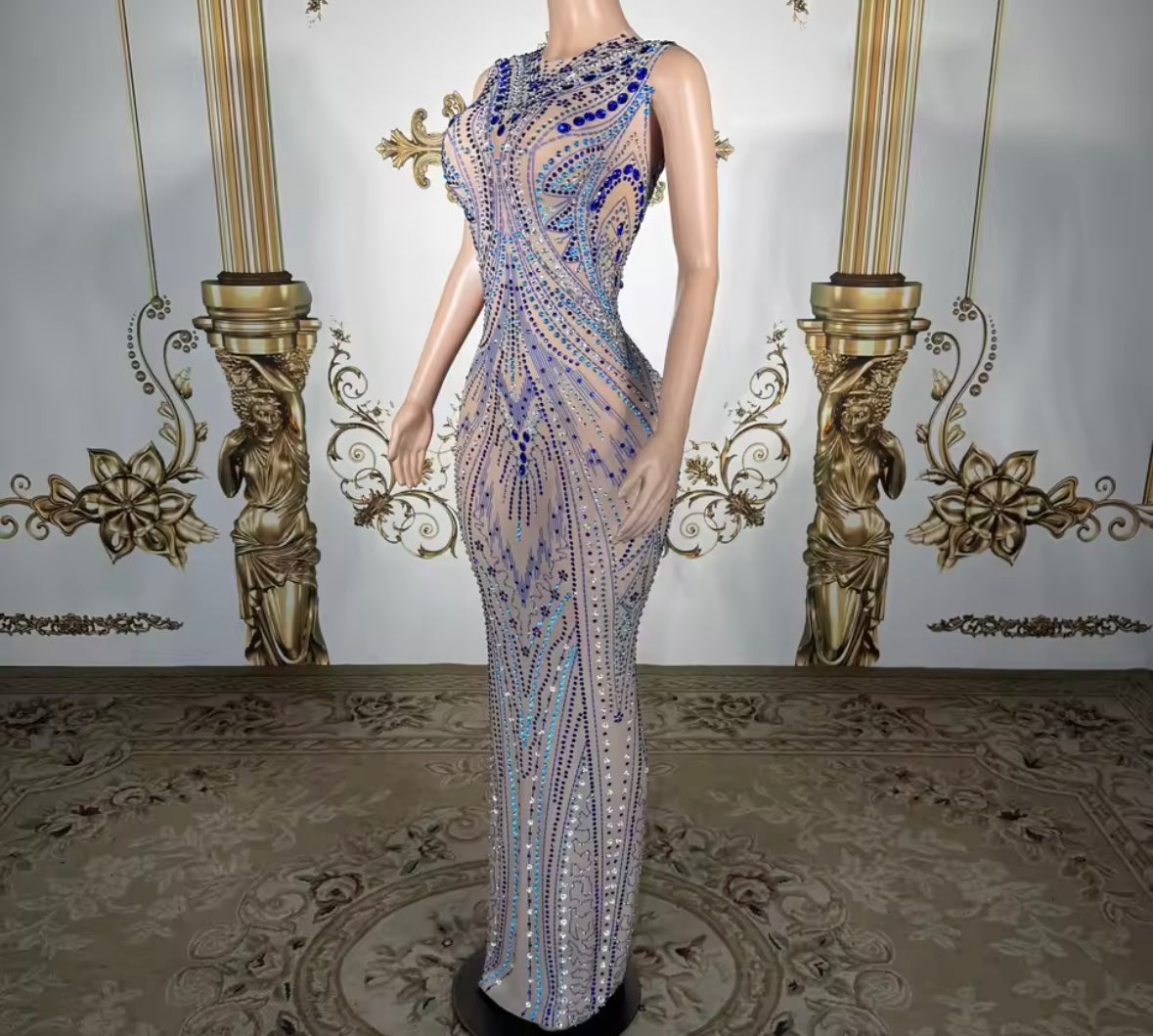Blue Rhinestone Sleeveless Sexy See Through Maxi Dress