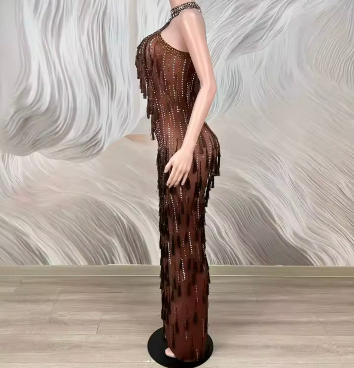Brown Sexy Sleeveless See Through Rhinestone Tassel Dress