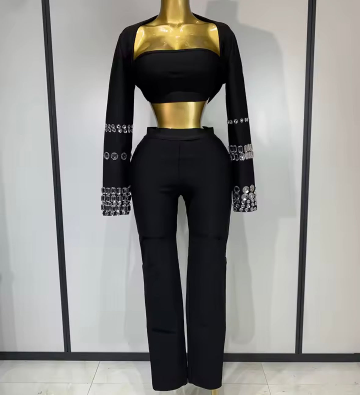 Elegant Black Rhinestone Three Piece Pant Set