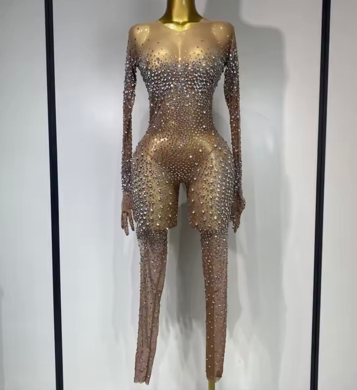 Sexy See Through Rhinestone Full Sleeve Jumpsuit