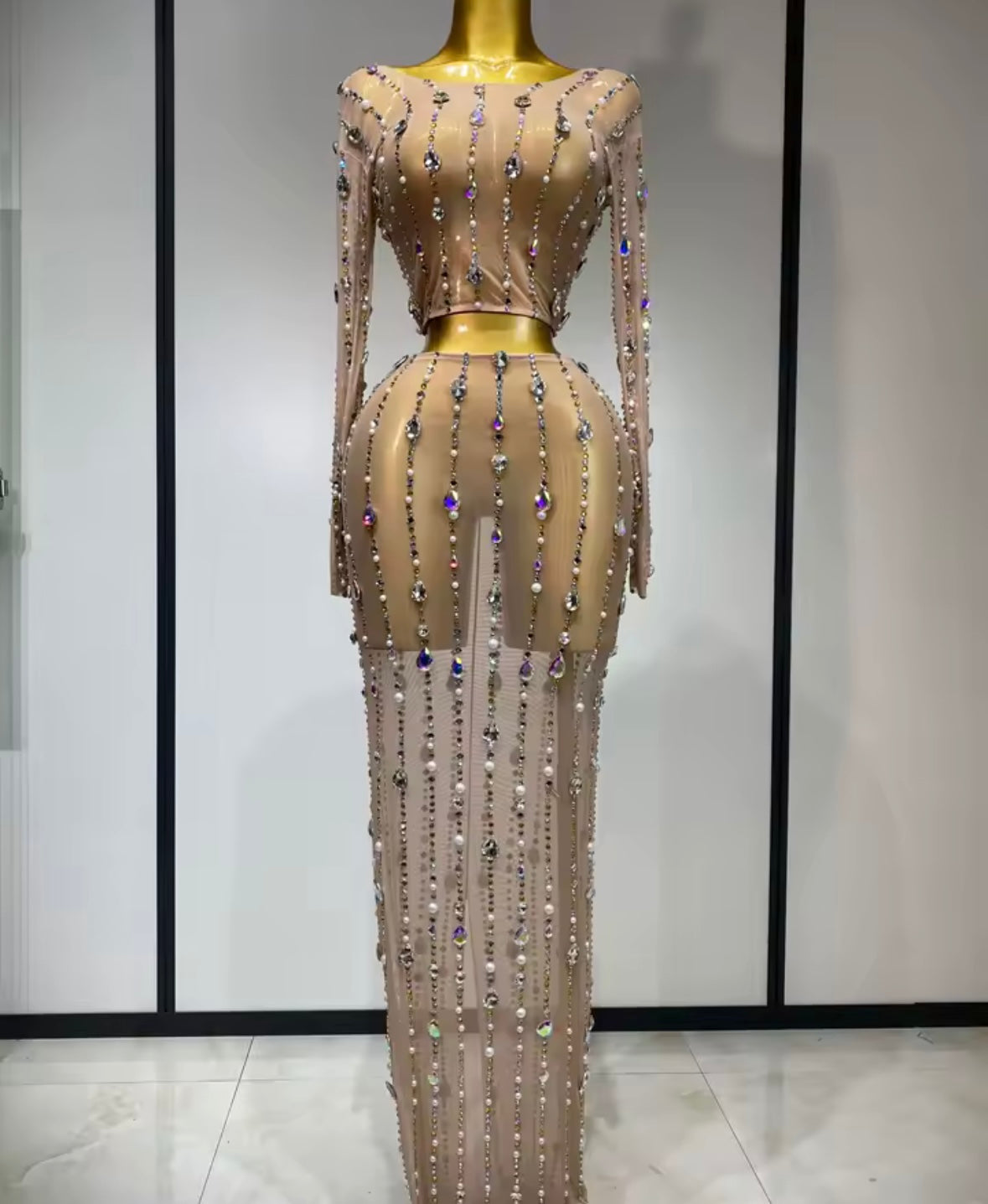 Sexy Beaded Color Crystal Full Sleeve Mesh Two Piece Maxi Skirt Set