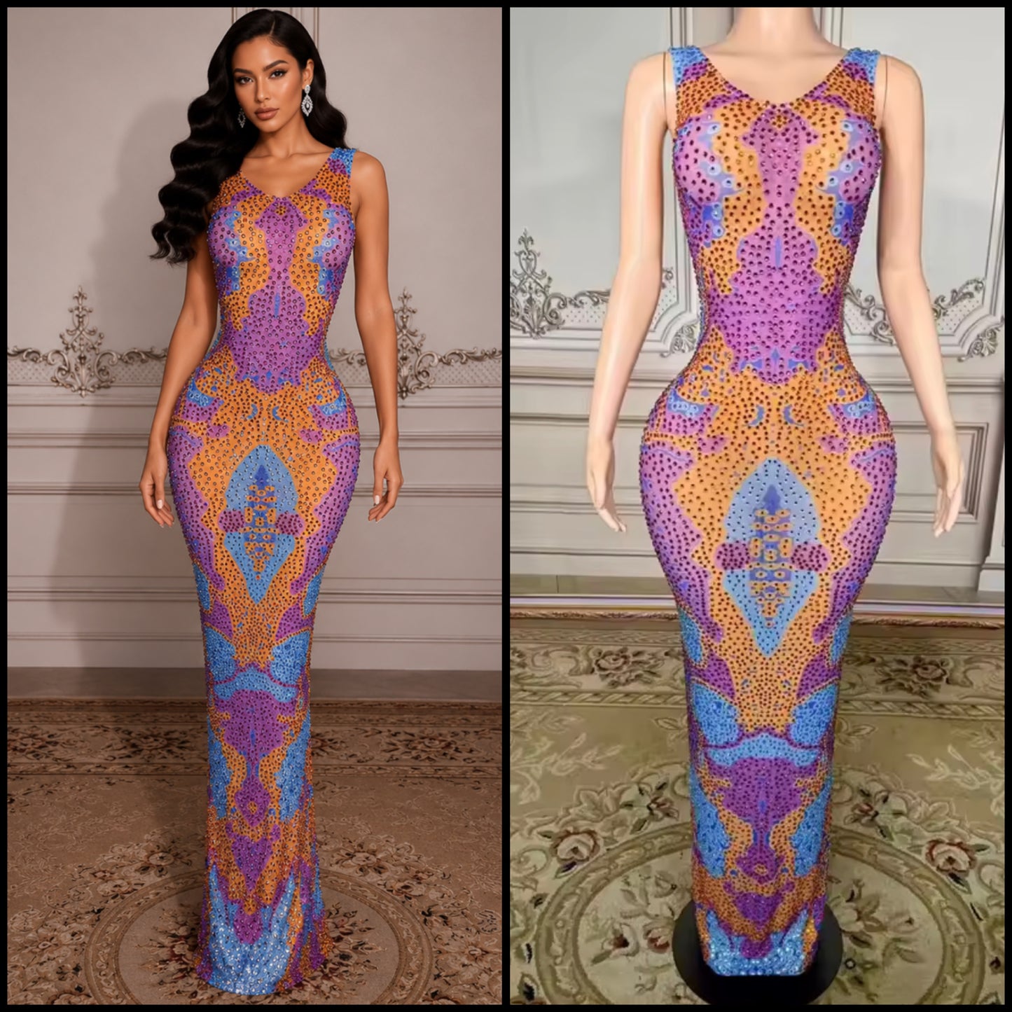 Sexy Sleeveless Multicolored Rhinestone Maxi Dress