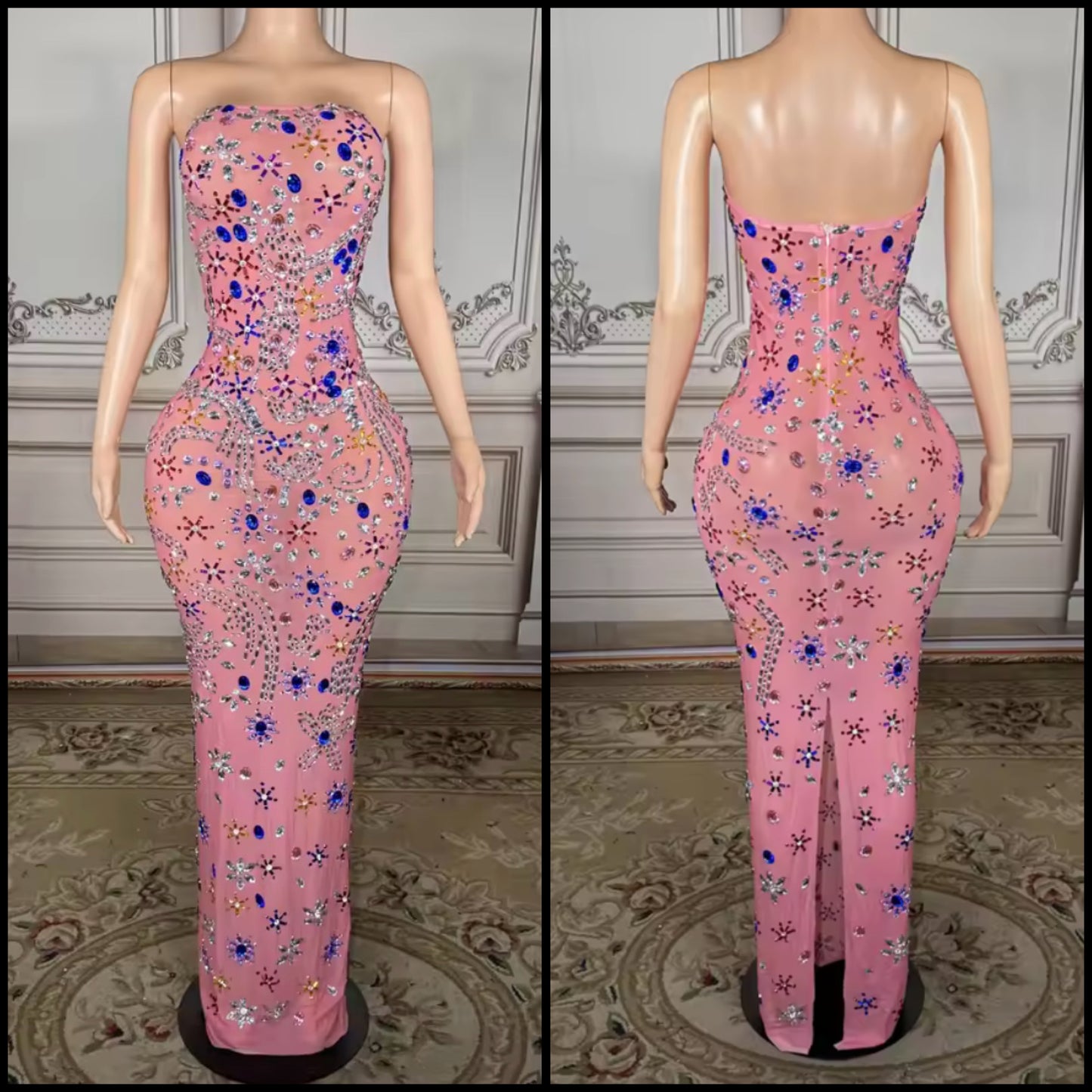 Pink Sexy Strapless Crystal Rhinestone Maxi Dress