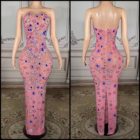 Pink Sexy Strapless Crystal Rhinestone Maxi Dress