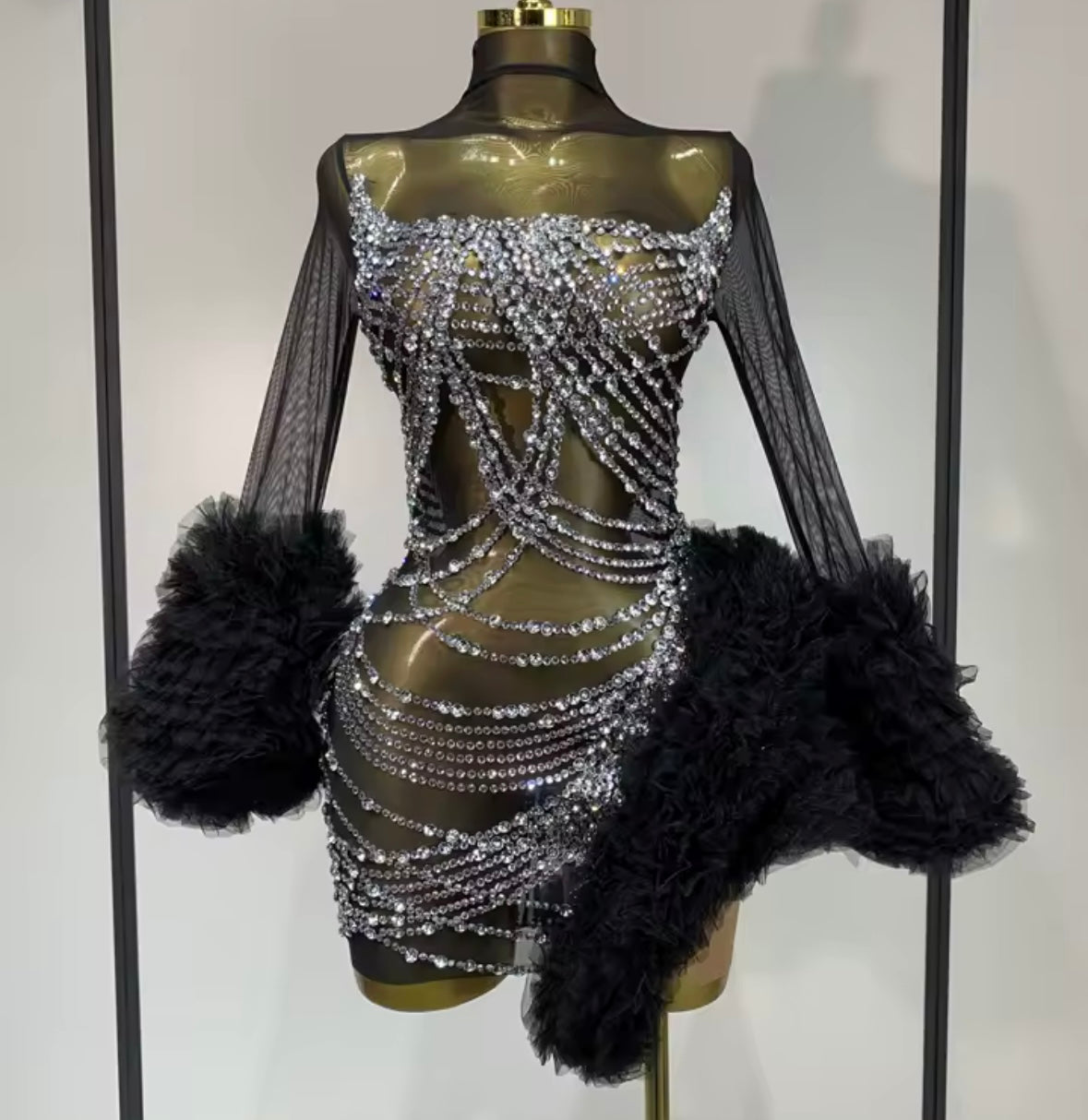 Sexy Black Ruffle Rhinestone Full Sleeve Short Dress