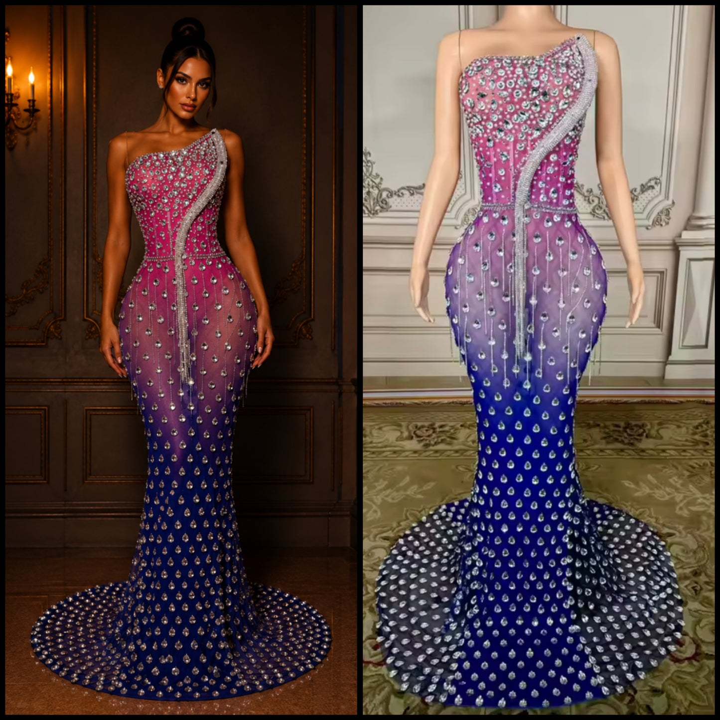 Sexy Strapless Gradient Rhinestone Tassel Maxi Dress