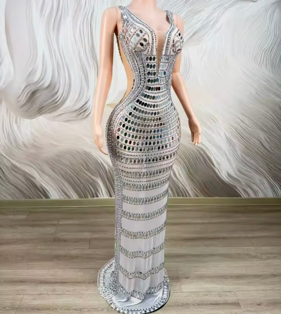 Sexy Sleeveless Mirror Rhinestone Embellishment Maxi Dress