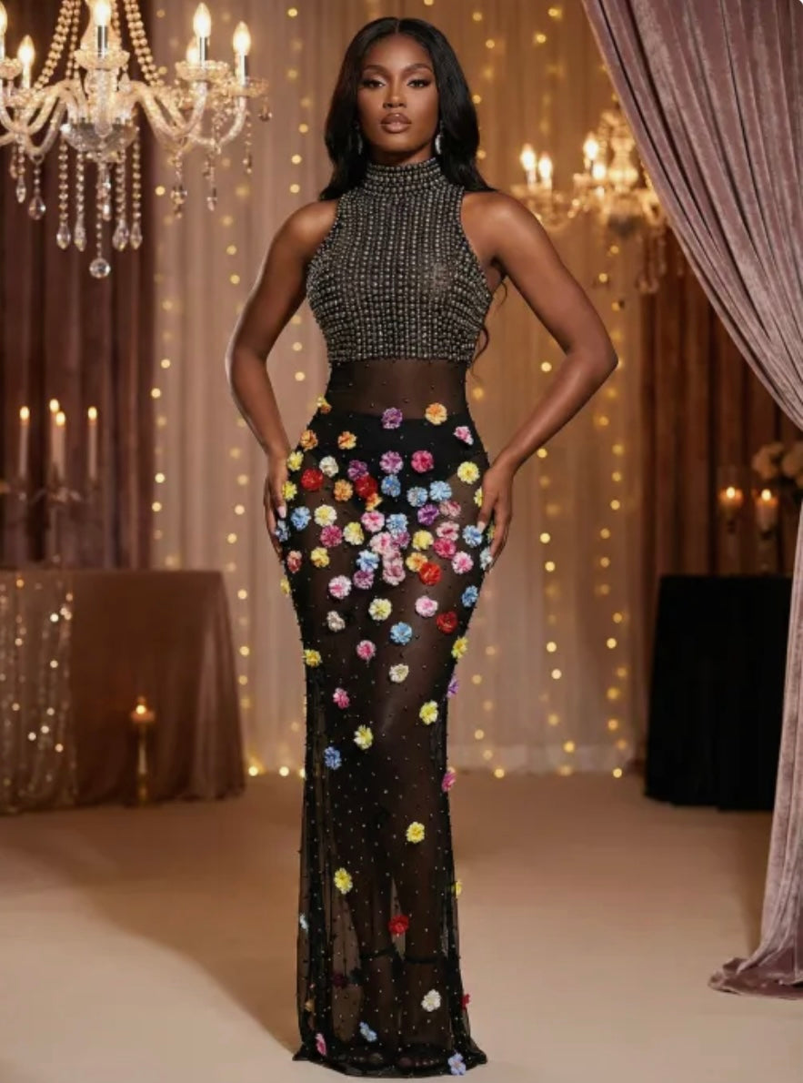 Sleeveless Black Rhinestone Floral Embellishment Maxi Dress