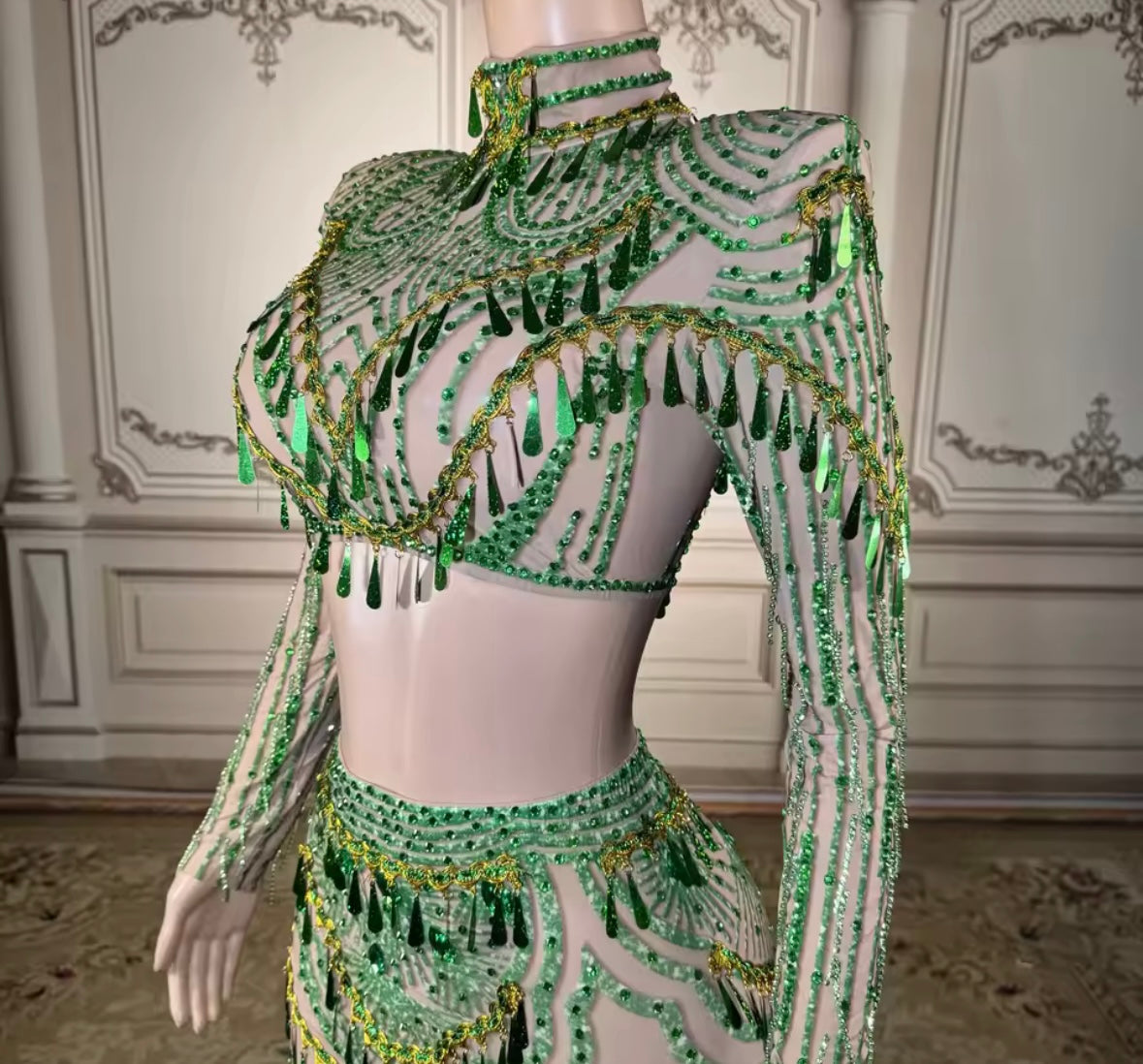 Green Sexy See Through Full Sleeve Rhinestone Tassel Skirt Set