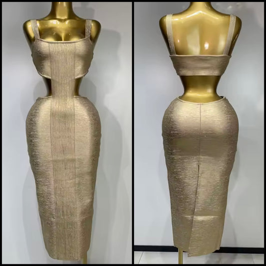 Sexy Gold Sleeveless Hollow Out Bandaged Midi-Length Dress