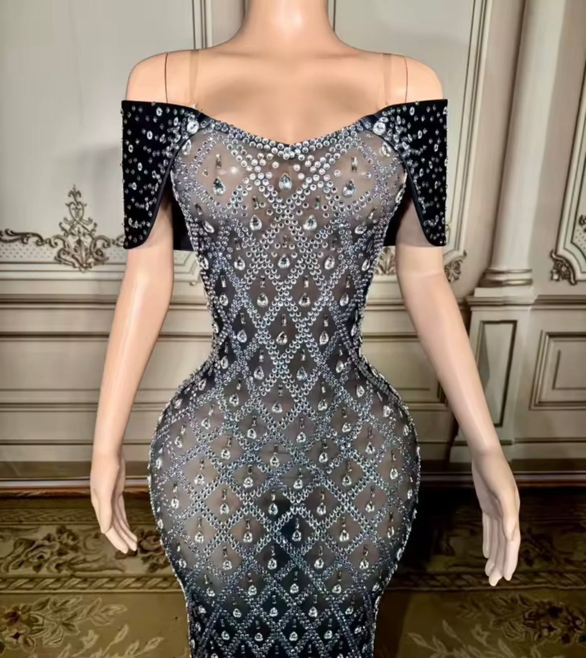 Sexy Rhinestone Off The Shoulder Floor-Length Dress