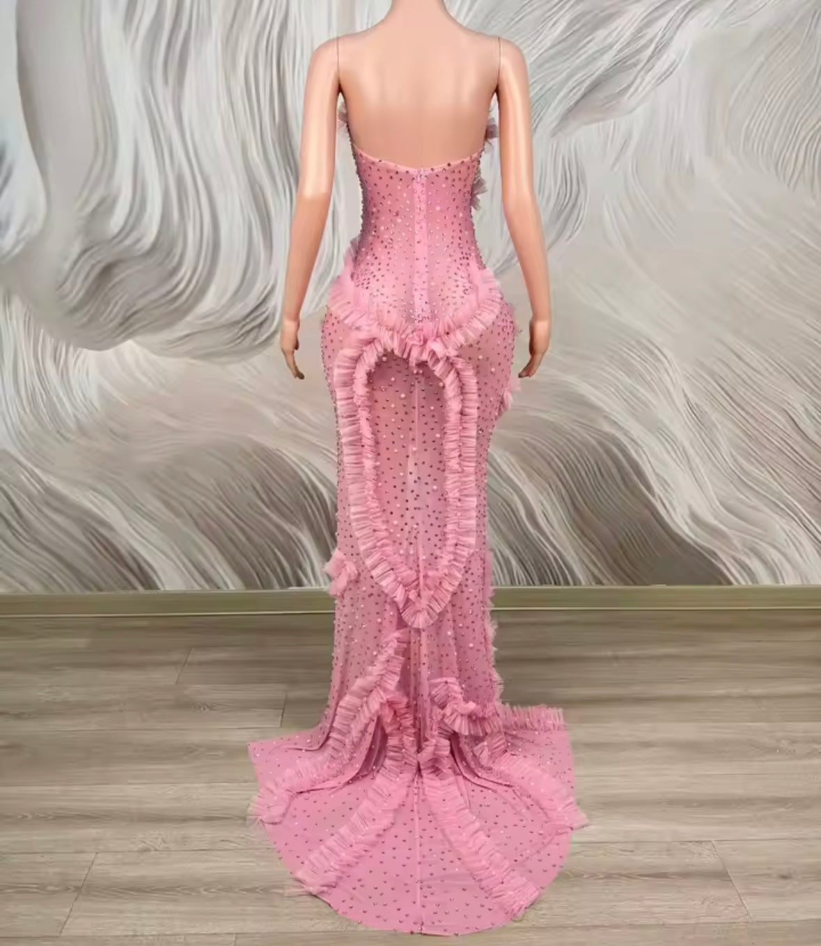 Sexy Strapless Ruffle Rhinestone See Through Side Split Maxi Dress