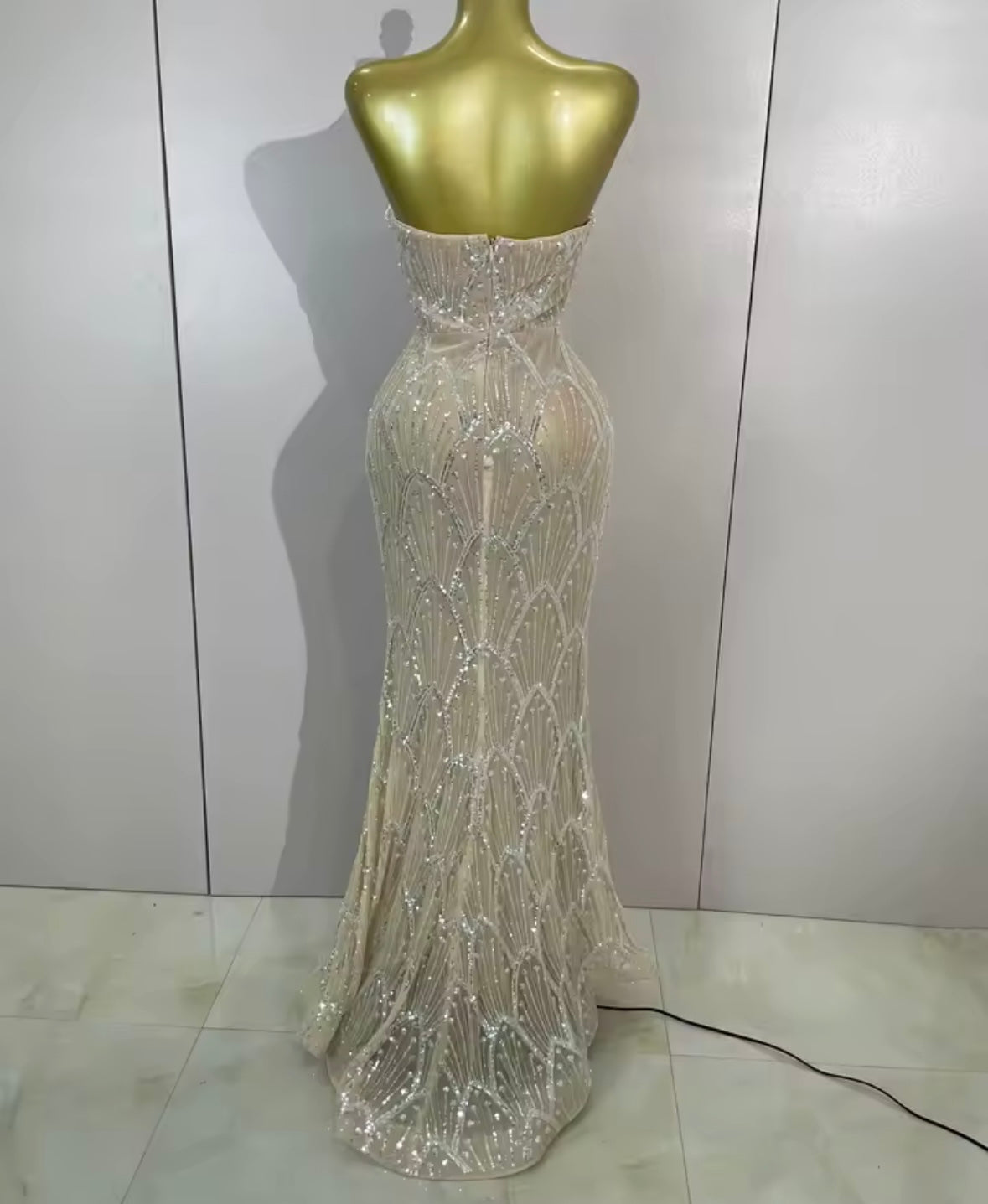 Pearl Beaded Sequins Strapless Elegant Floor-Length Dress