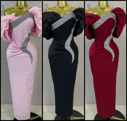 Elegant Puff Sleeve Shiny Rhinestone Maxi Dress