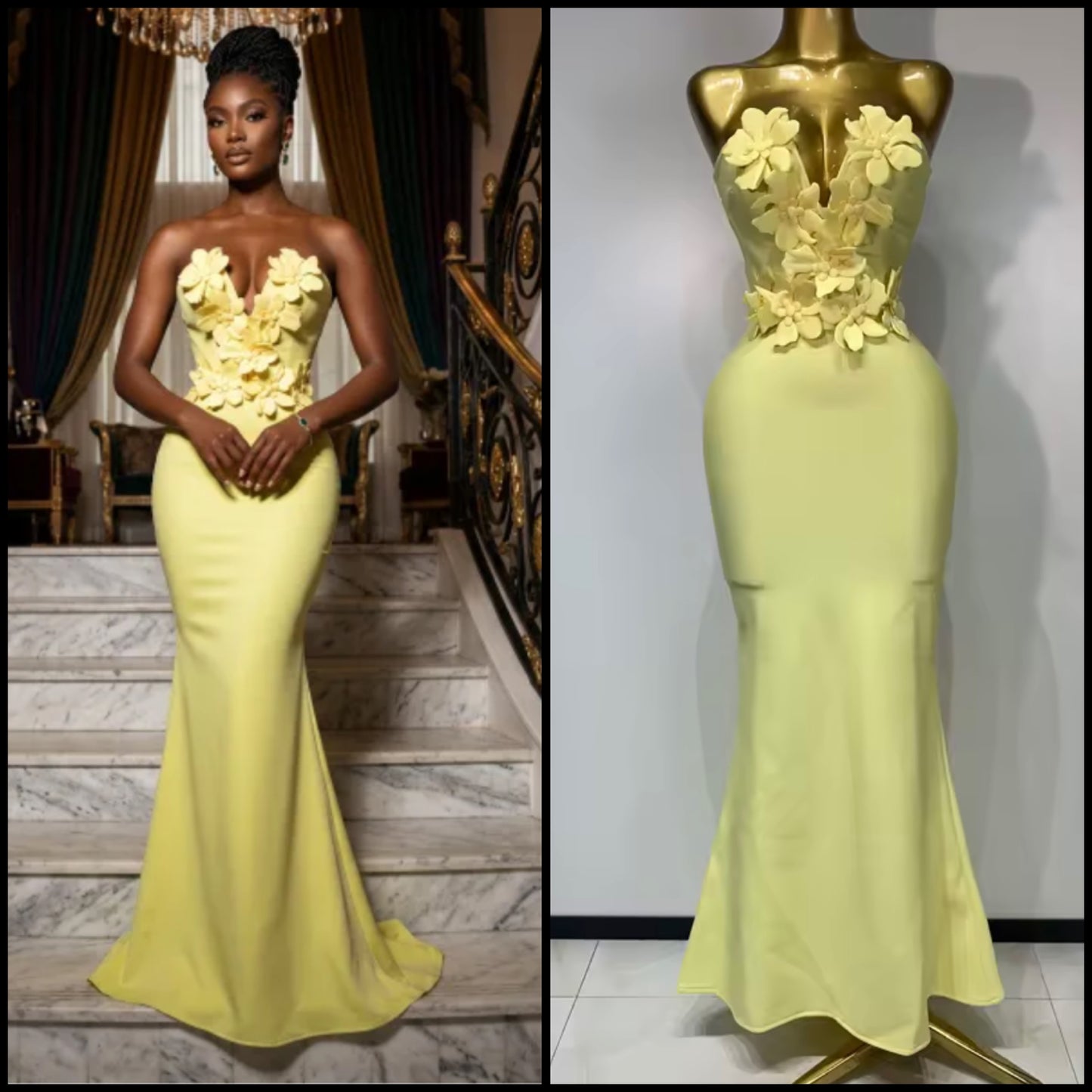 Floral V-Neck Strapless Sexy Floor-Length Dress