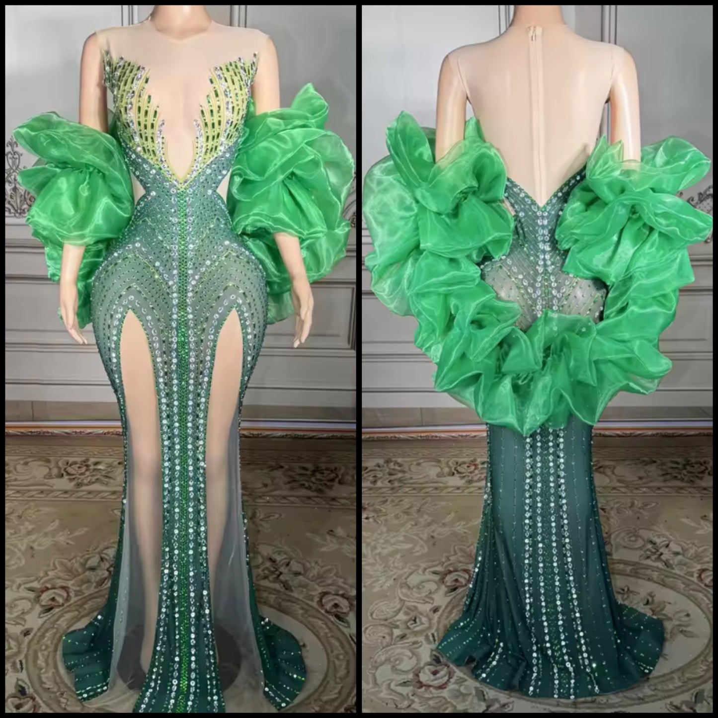 Sexy Green Puff Ruffled Sleeve Rhinestone Front Splits Maxi Dress
