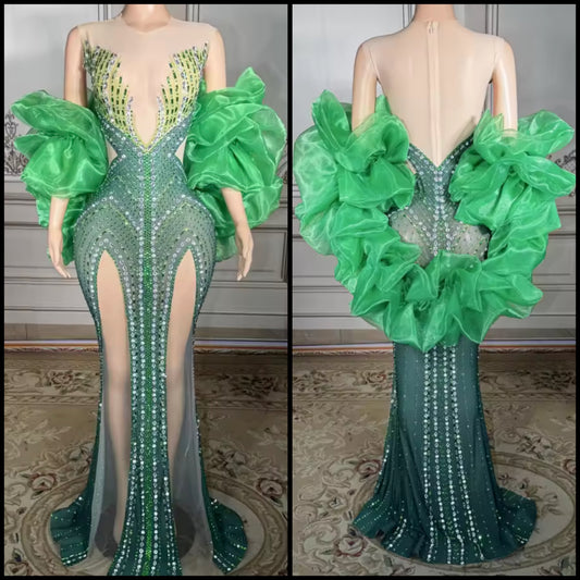 Sexy Green Puff Ruffled Sleeve Rhinestone Front Splits Maxi Dress