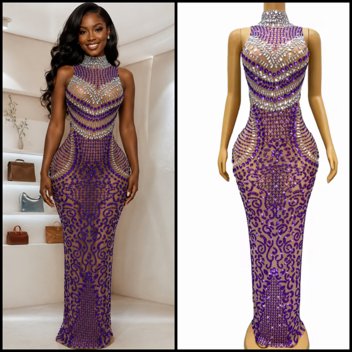 Elegant Sleeveless Purple Rhinestone Maxi Dress
