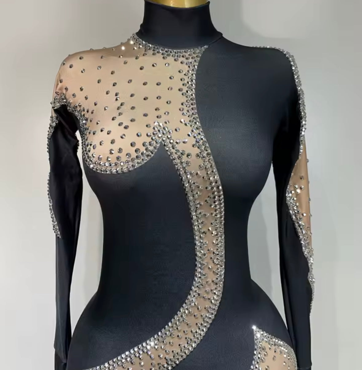 Sexy Black Rhinestone Mesh Full Sleeve Jumpsuit