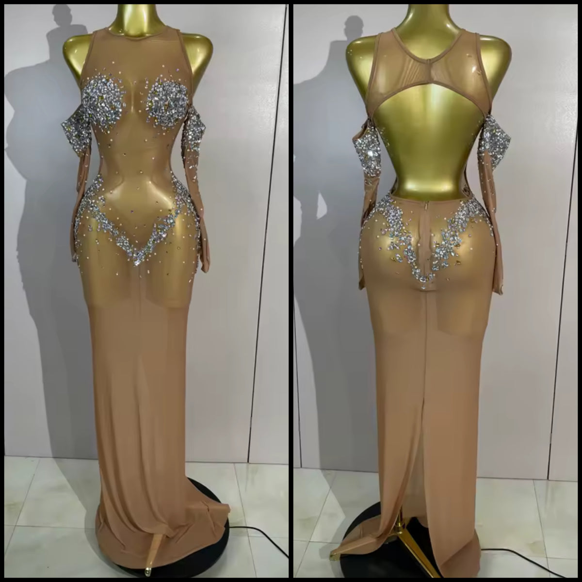 Sexy See Through Rhinestone Embellishment Floor-Length Dress