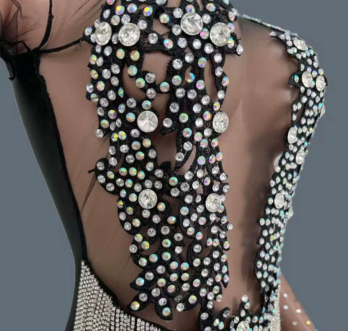 Sexy Black Rhinestone Tassel Full Sleeve Jumpsuit