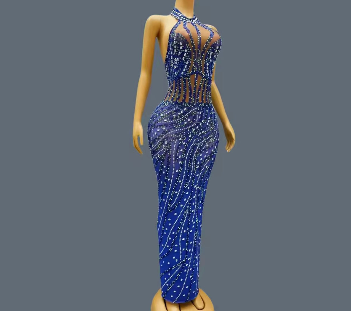 Blue Halter Sleeveless Rhinestone Embellishment Maxi Dress