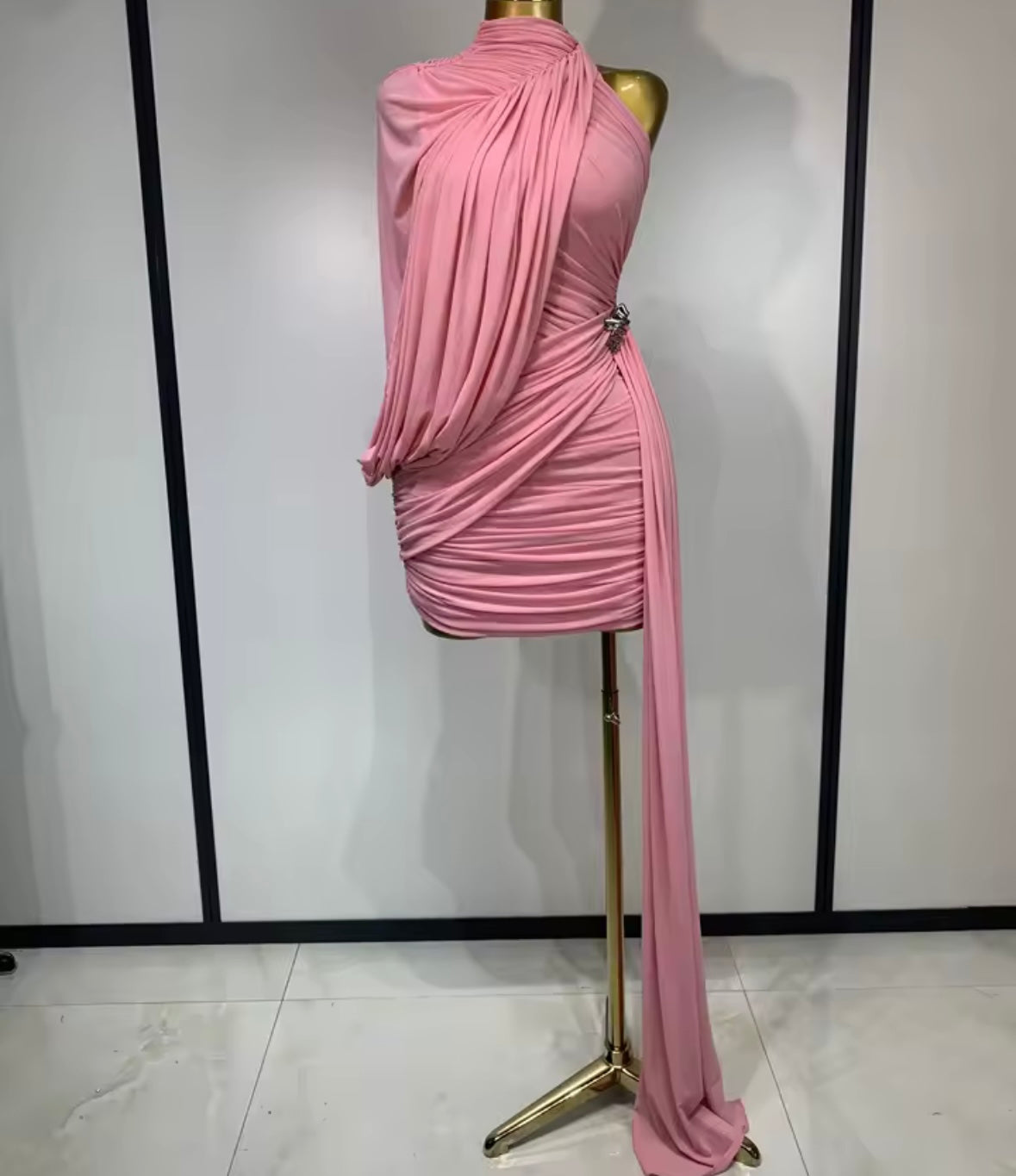 Pink Sexy Sleeveless Draped Ruched Dress