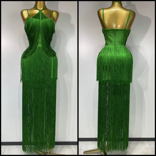 Green Halter Elegant Fringe Tassel Maxi Dress