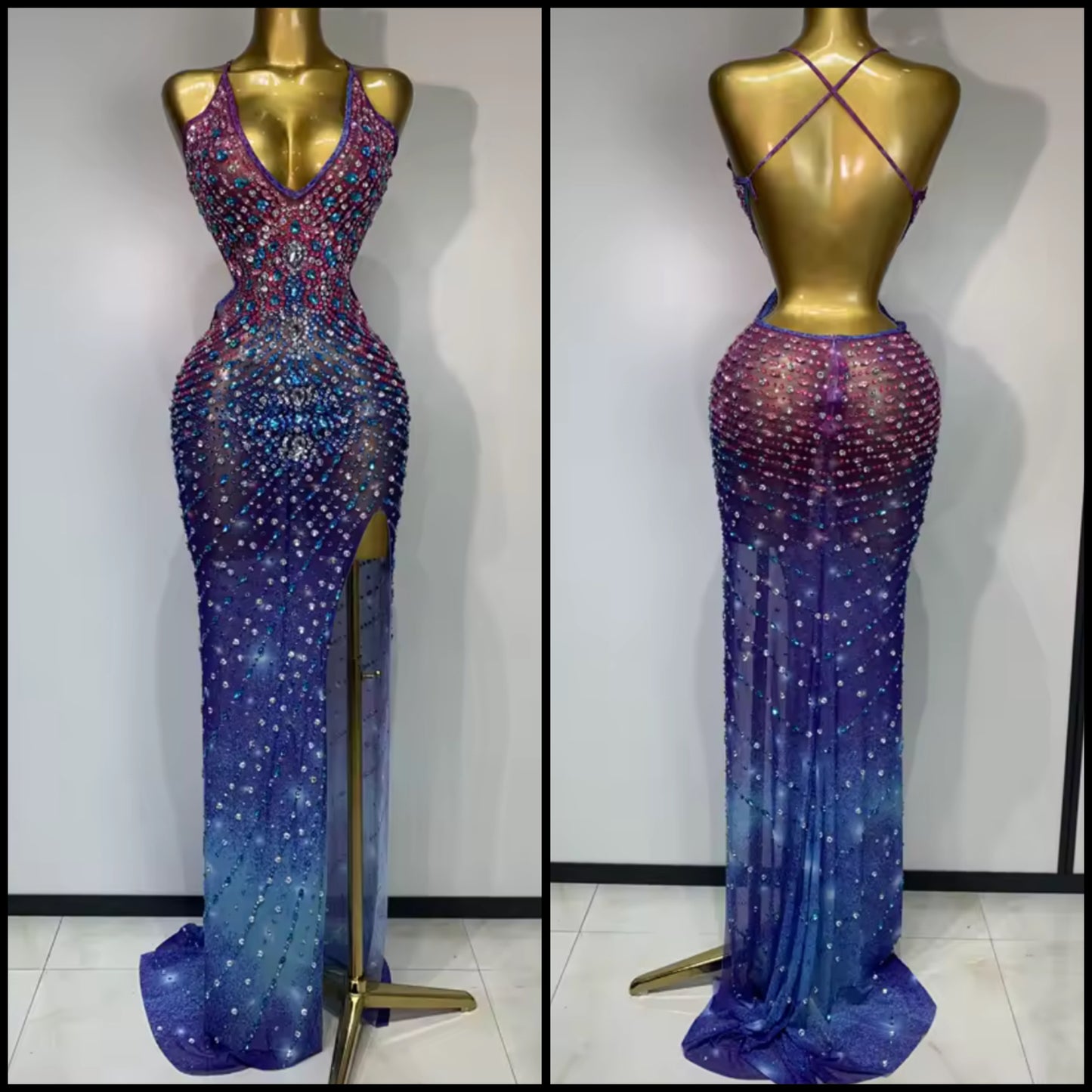 Multicolored Sexy Halter Open Back Rhinestone Side Split Maxi Dress