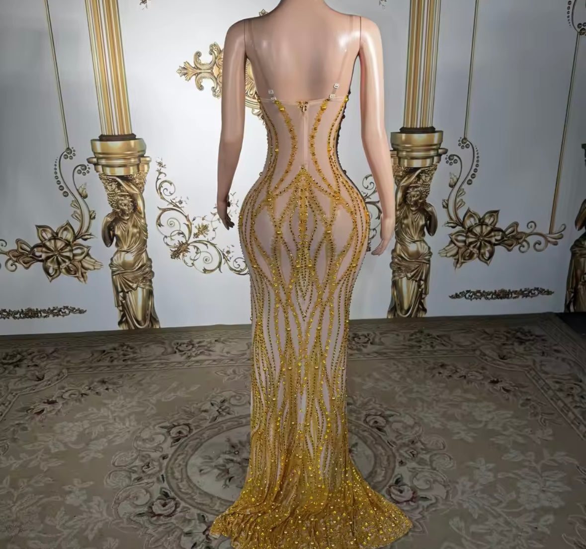 Sexy Sleeveless See Through Gold Rhinestone Side Split Maxi Dress