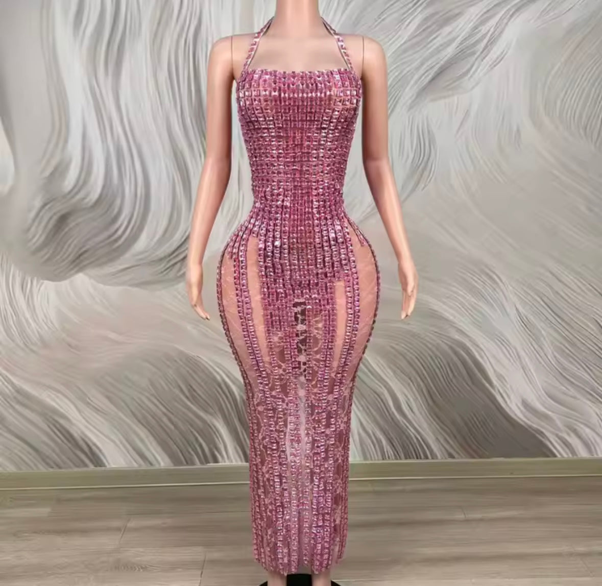 Pink Rhinestone See Through Halter Sleeveless Maxi Dress