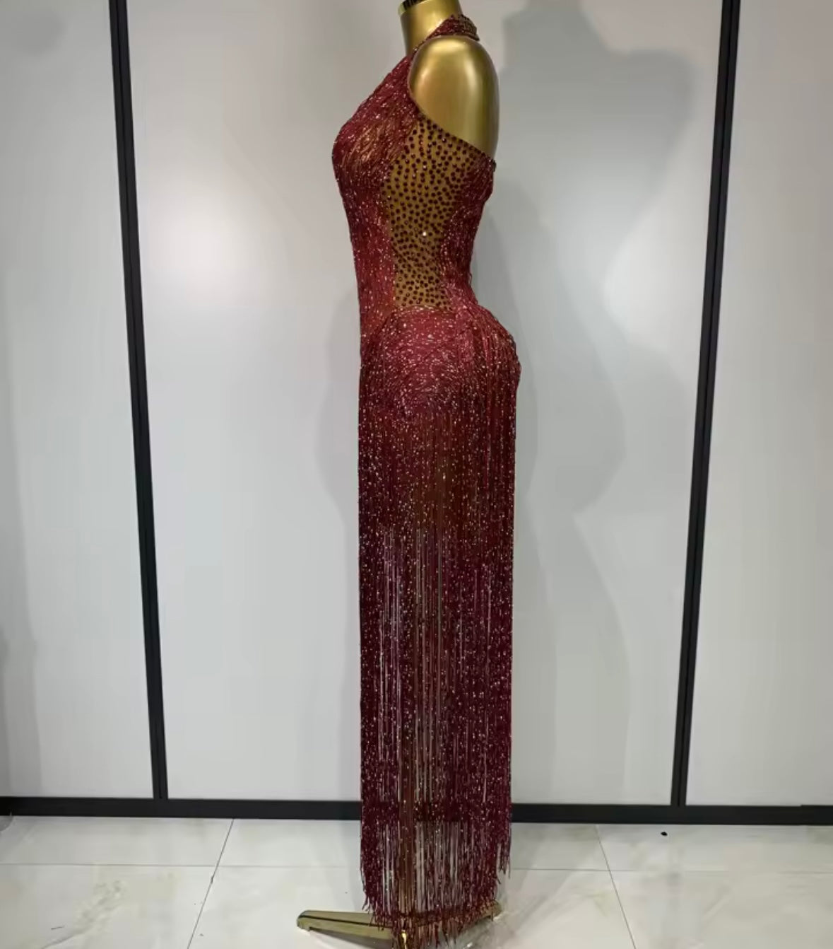 Burgundy Sexy Halter Sleeveless Fringe Tassel Maxi Dress