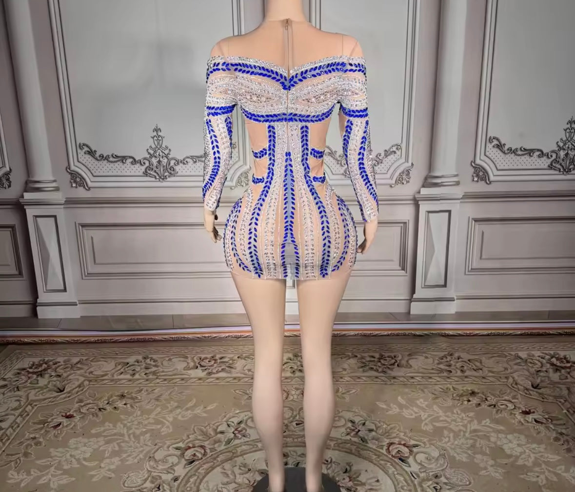 Rhinestone Embellishment Sexy Full Sleeve See Through Dress