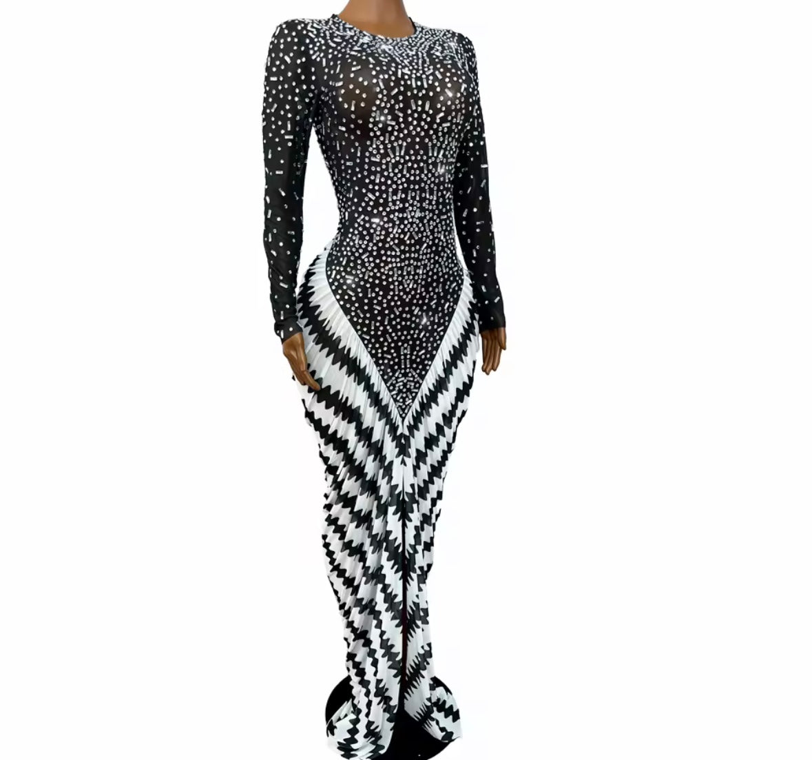Sexy Rhinestone Full Sleeve Pleated Front Split Maxi Dress