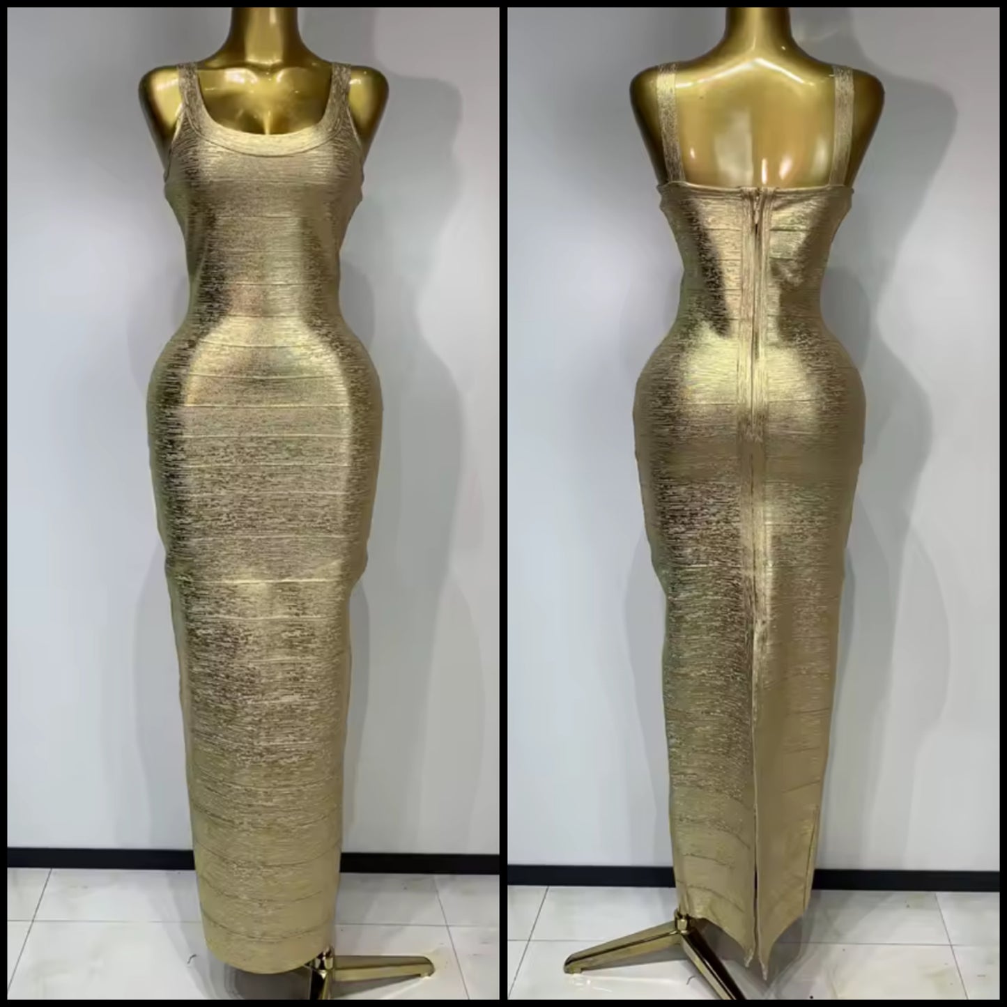 Gold Sexy Sleeveless Bandage Floor-Length Dress