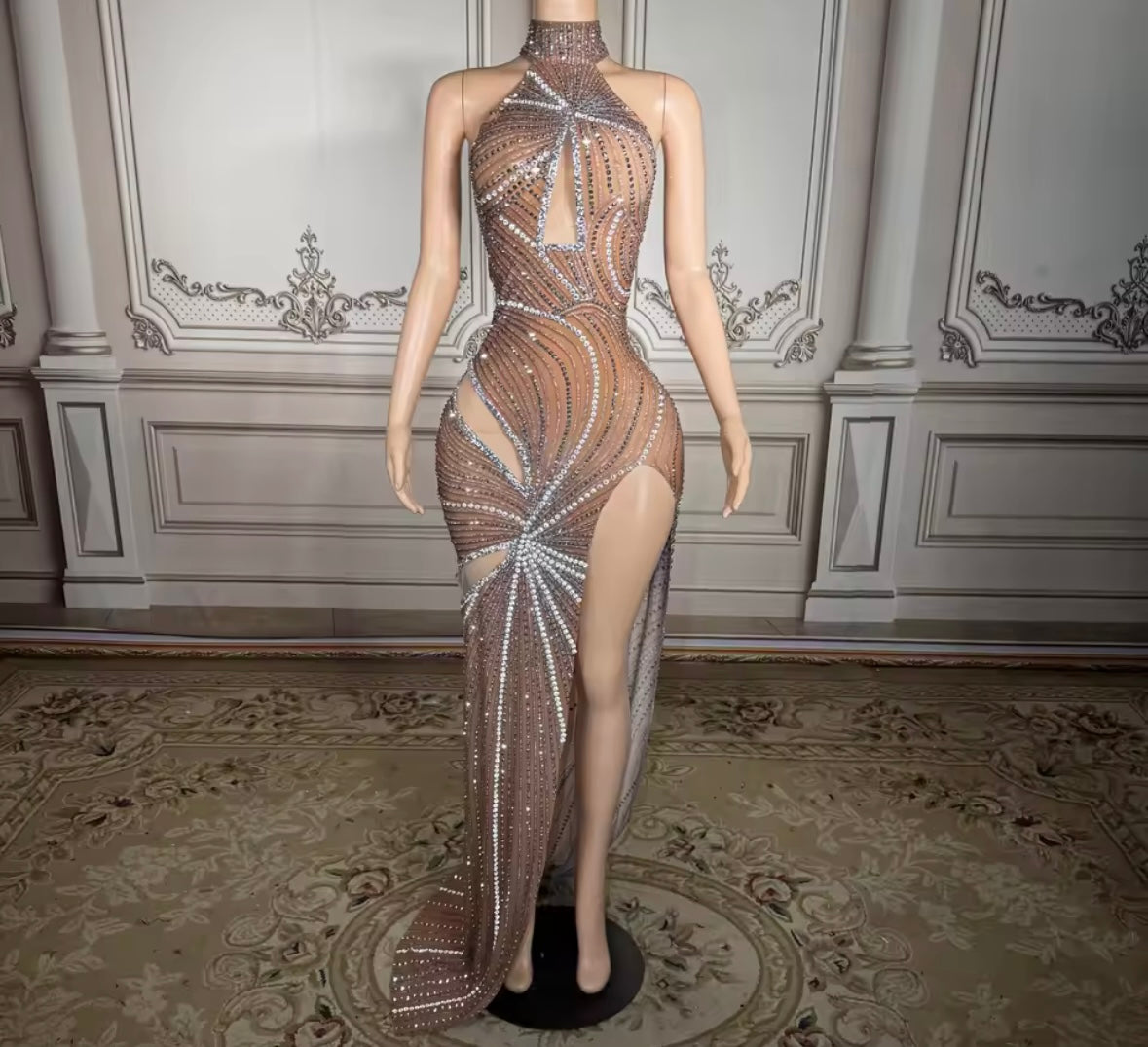 Sexy Sleeveless Hollow Out Rhinestone Side Split Maxi Dress