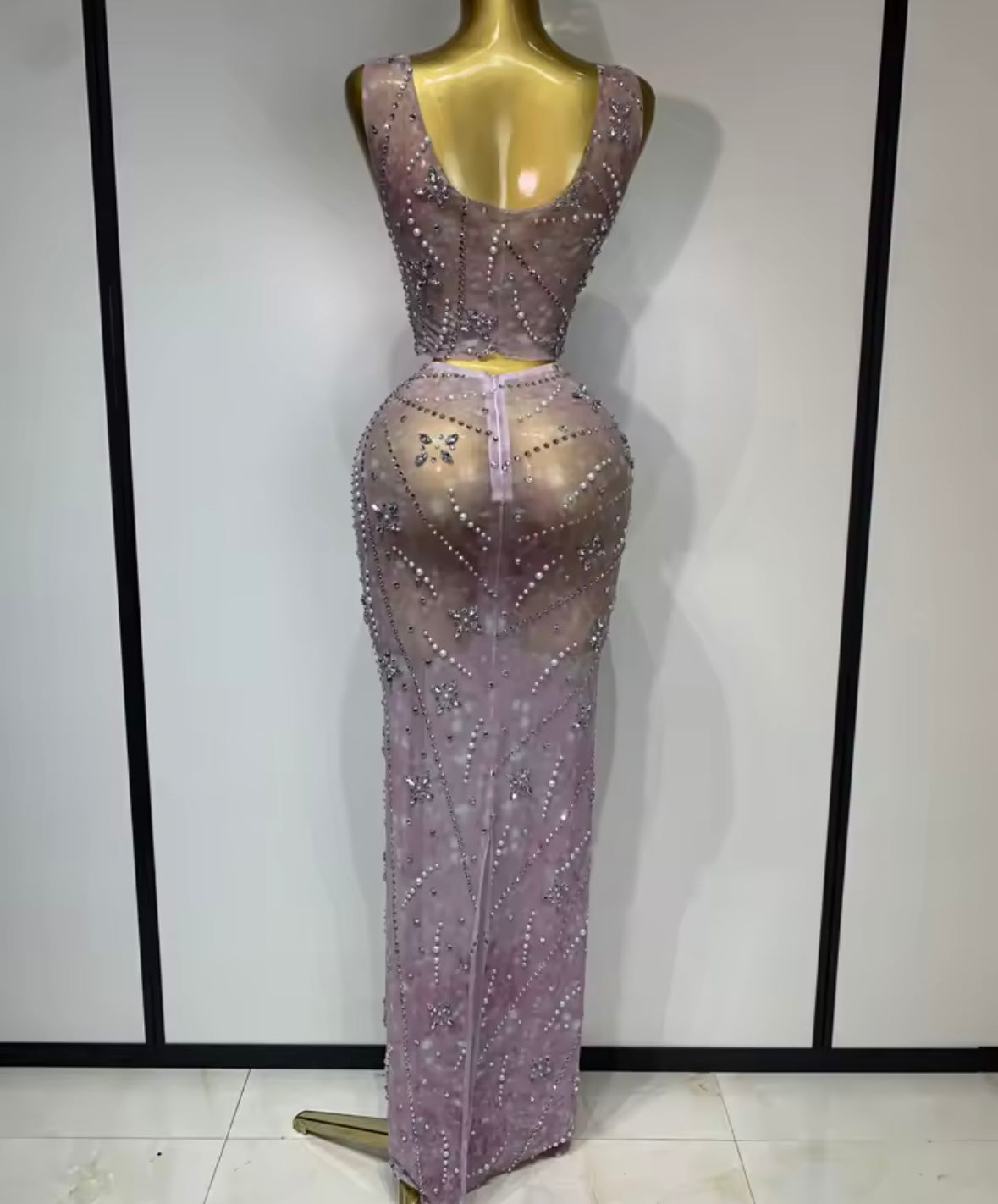 Sexy Sleeveless Rhinestone Beaded Two Piece Maxi Skirt Set