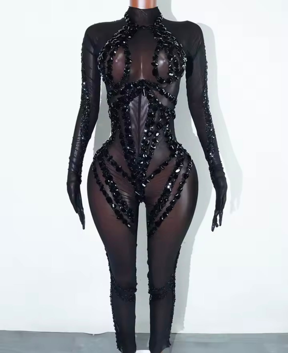 Sexy Beaded Crystal Full Sleeve See Through Jumpsuit