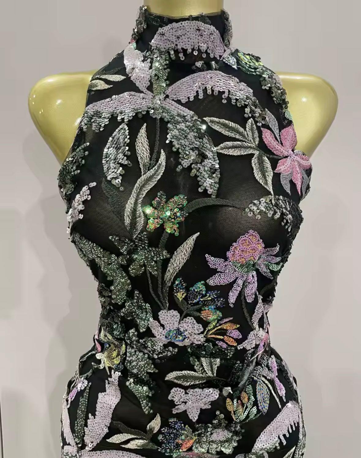 Elegant Floral Embellishment Sequins Floor-Length Dress