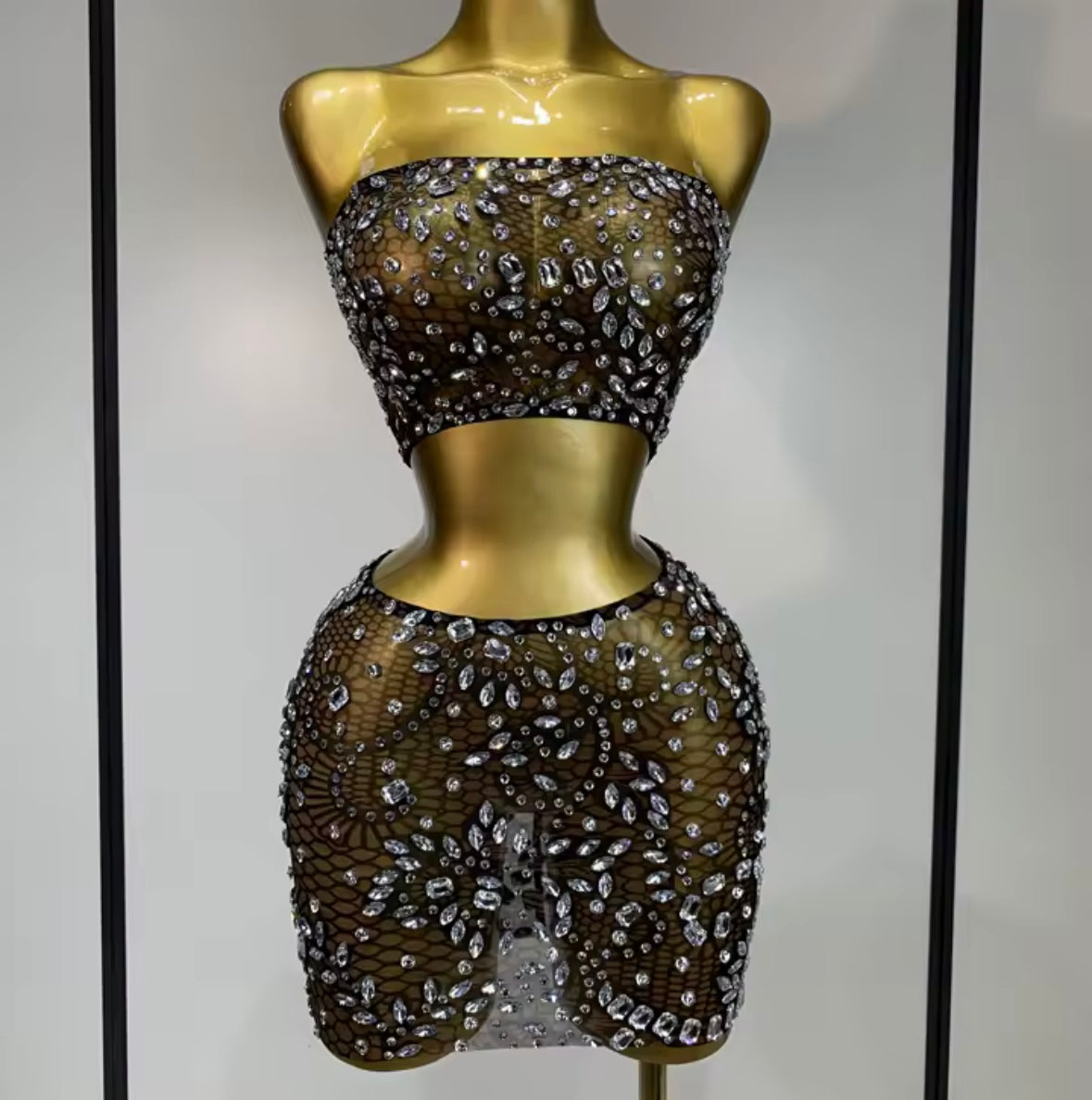 Sexy Strapless Rhinestone Crop See Through Skirt Set