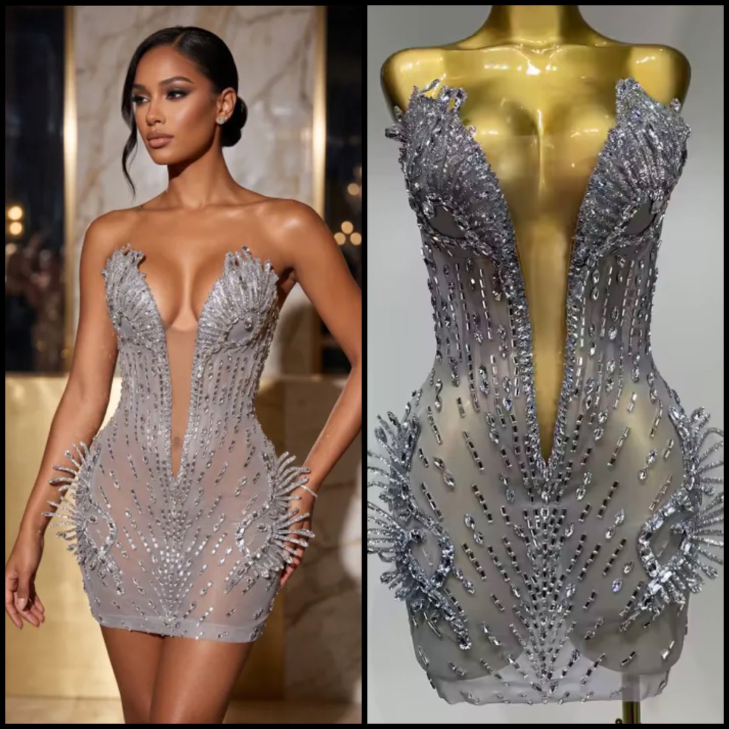 Sexy Silver Strapless Rhinestone Embellishment Dress
