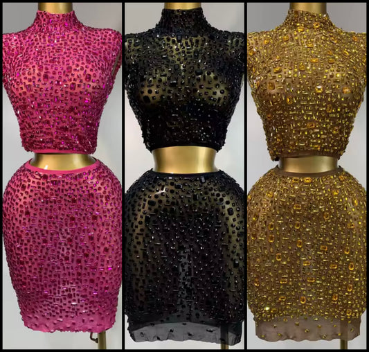 Sexy Sleeveless Crystal Crop Skirt Set