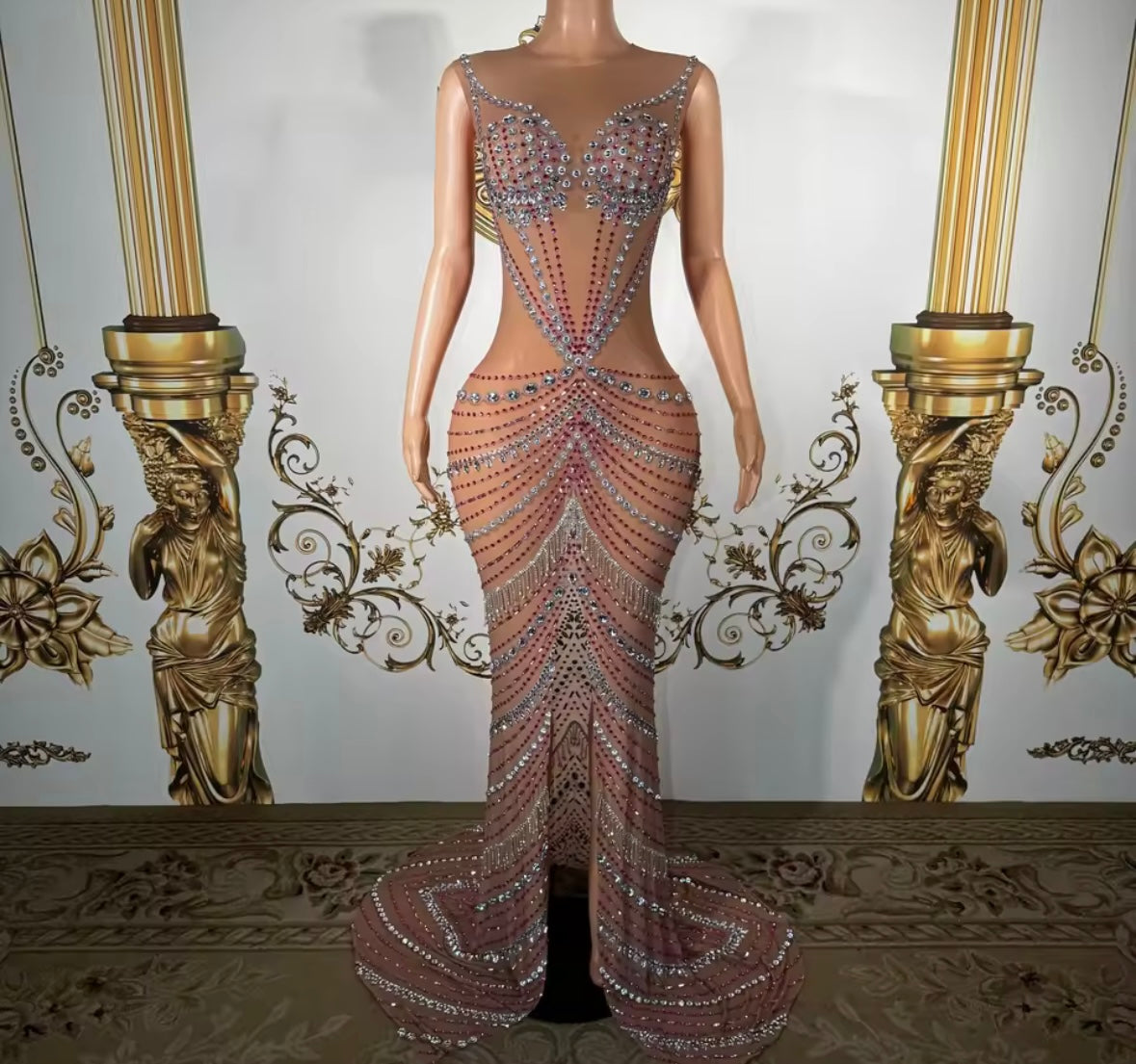 Rhinestone Embellishment Sexy Sleeveless Floor-Length Dress