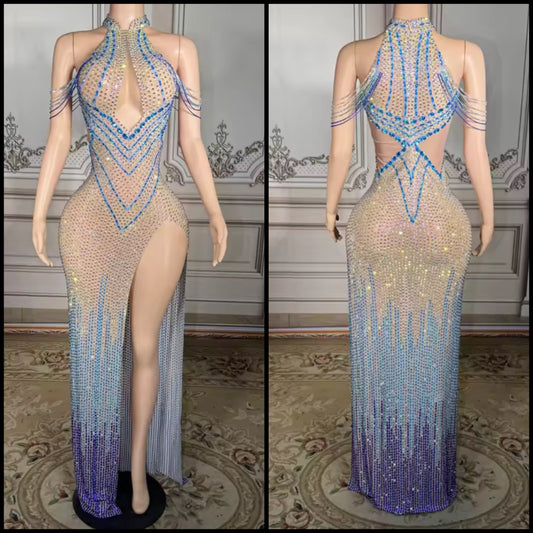 Sexy Halter Sleeveless Color Rhinestone Side Split Maxi Dress