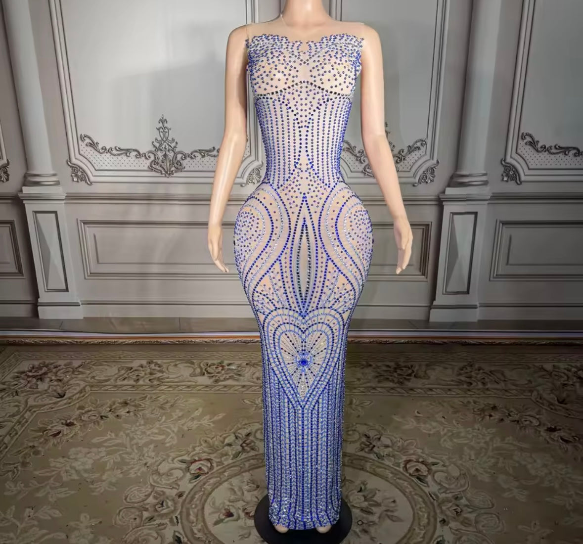 Sexy Sleeveless See Through Blue Rhinestone Embellishment Dress