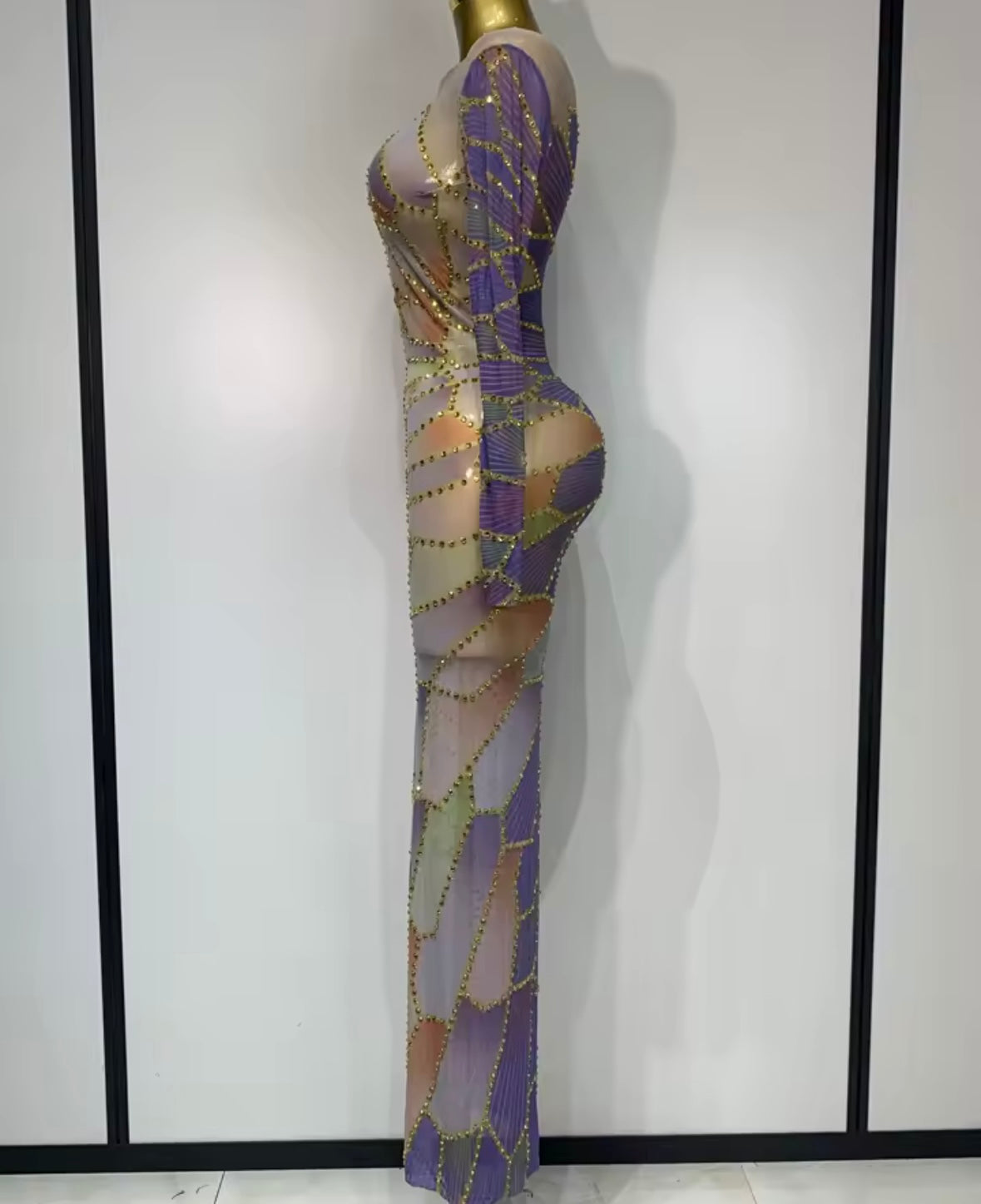Sexy Multicolored Rhinestone Full Sleeve Floor-Length Dress
