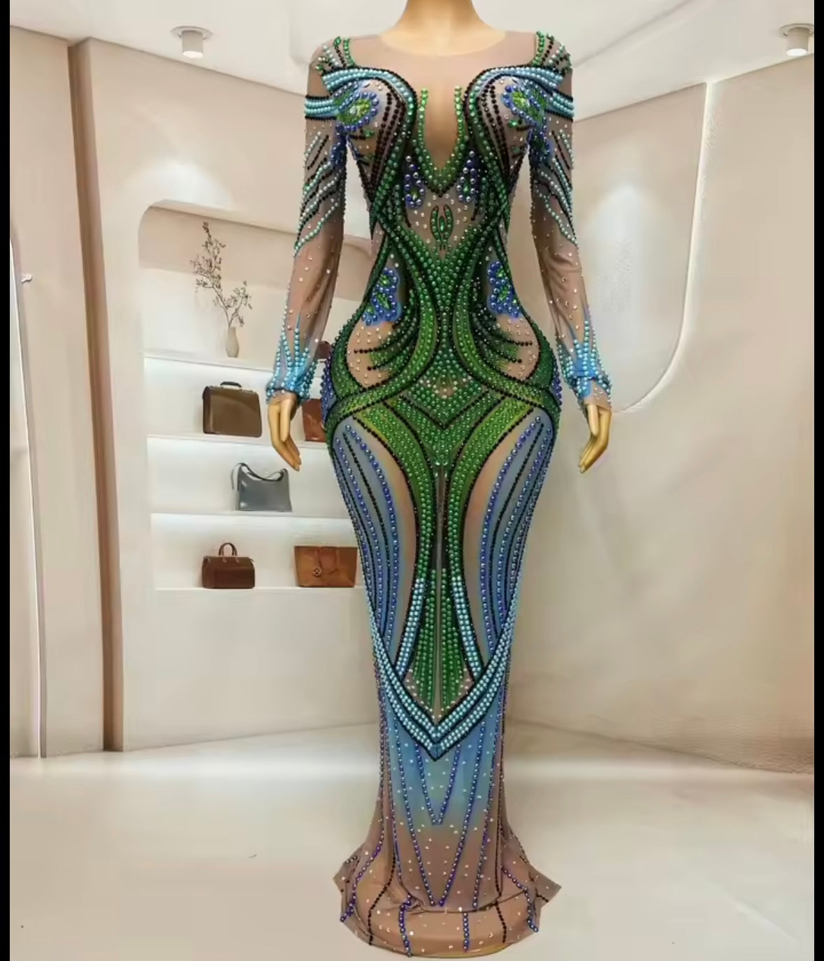 Color Rhinestone Embellishment Sexy See Through Maxi Dress