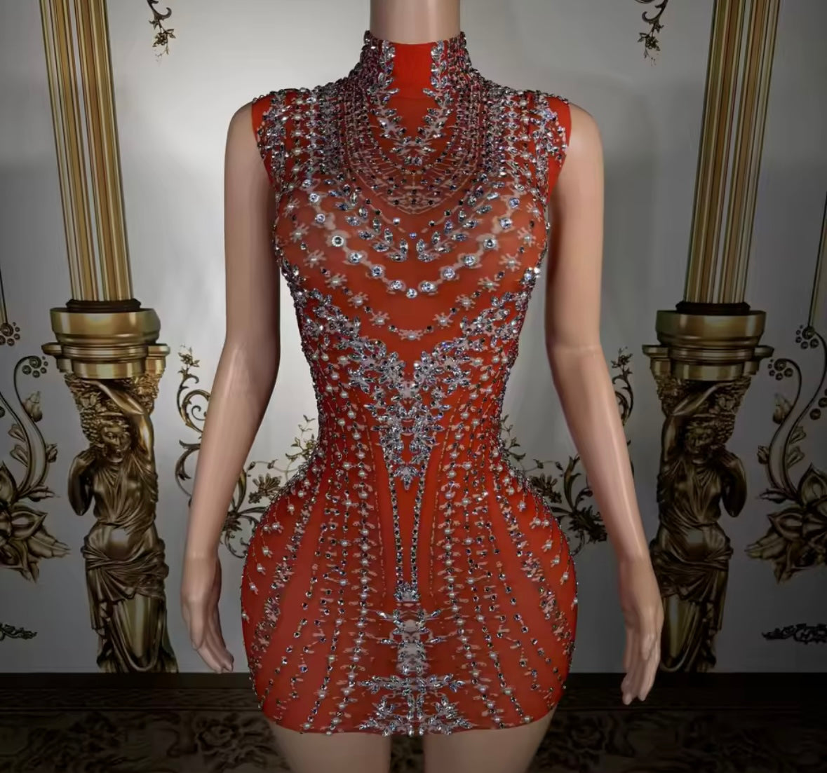 Red Sexy Sleeveless Rhinestone Embellishment Dress