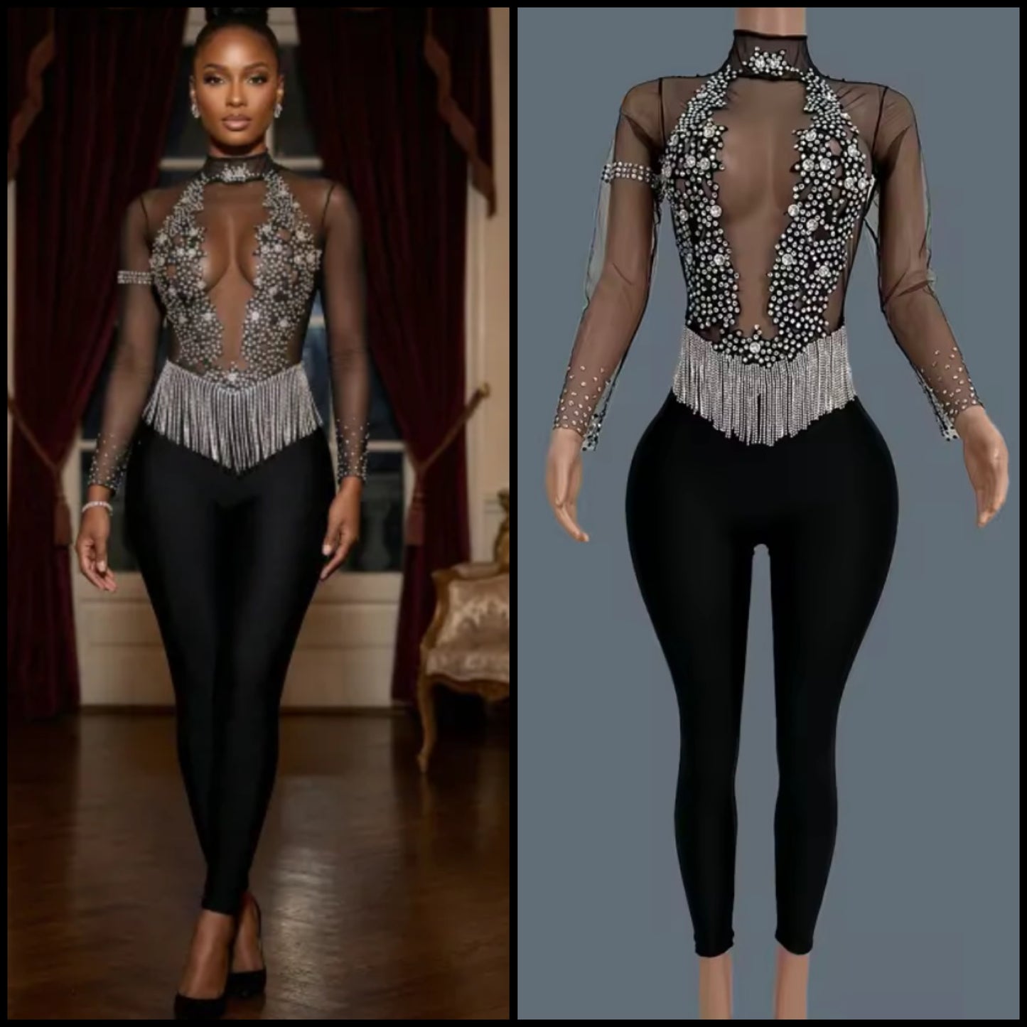Sexy Black Rhinestone Tassel Full Sleeve Jumpsuit