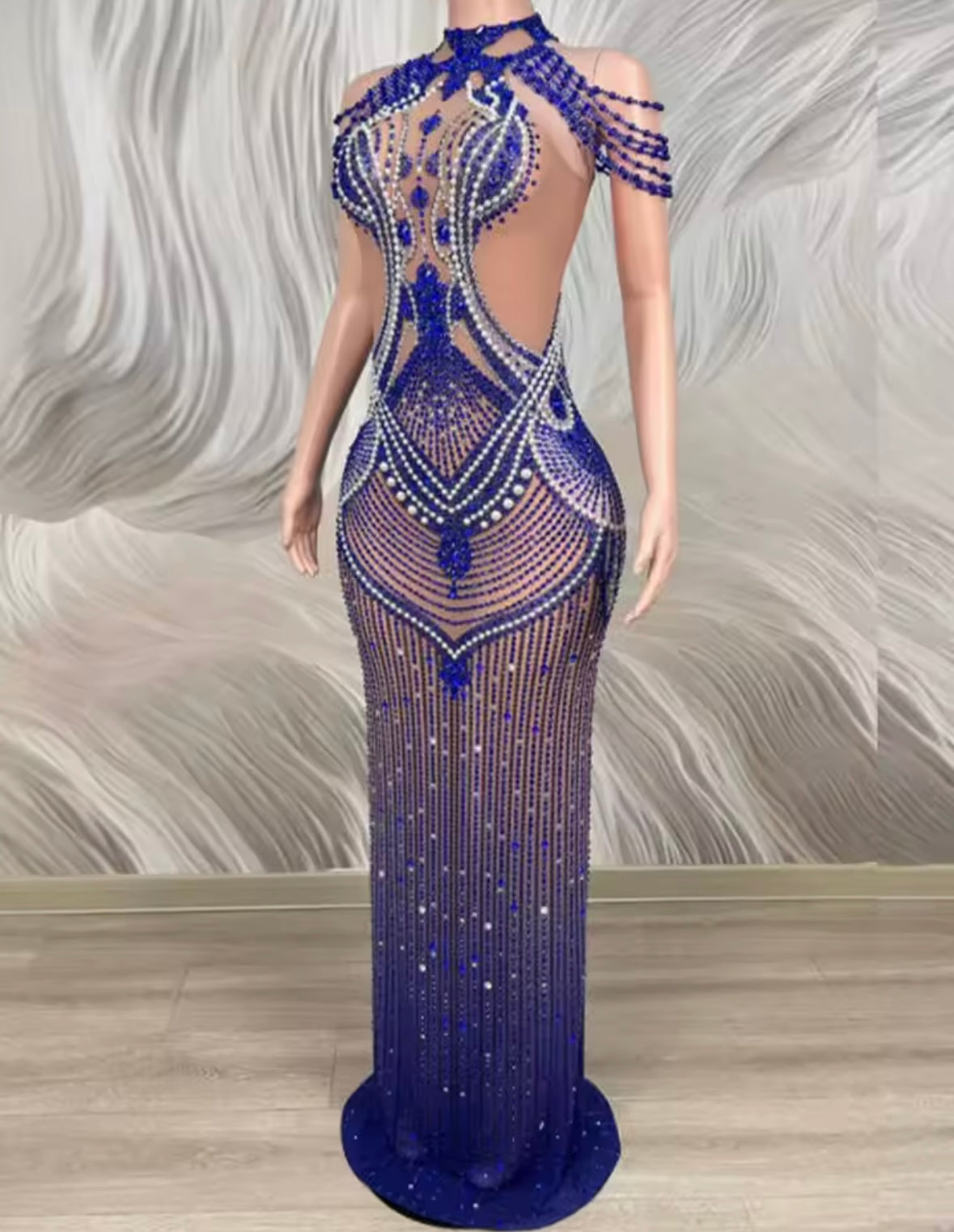 Blue Sexy Sleeveless Rhinestone See Through Maxi Dress
